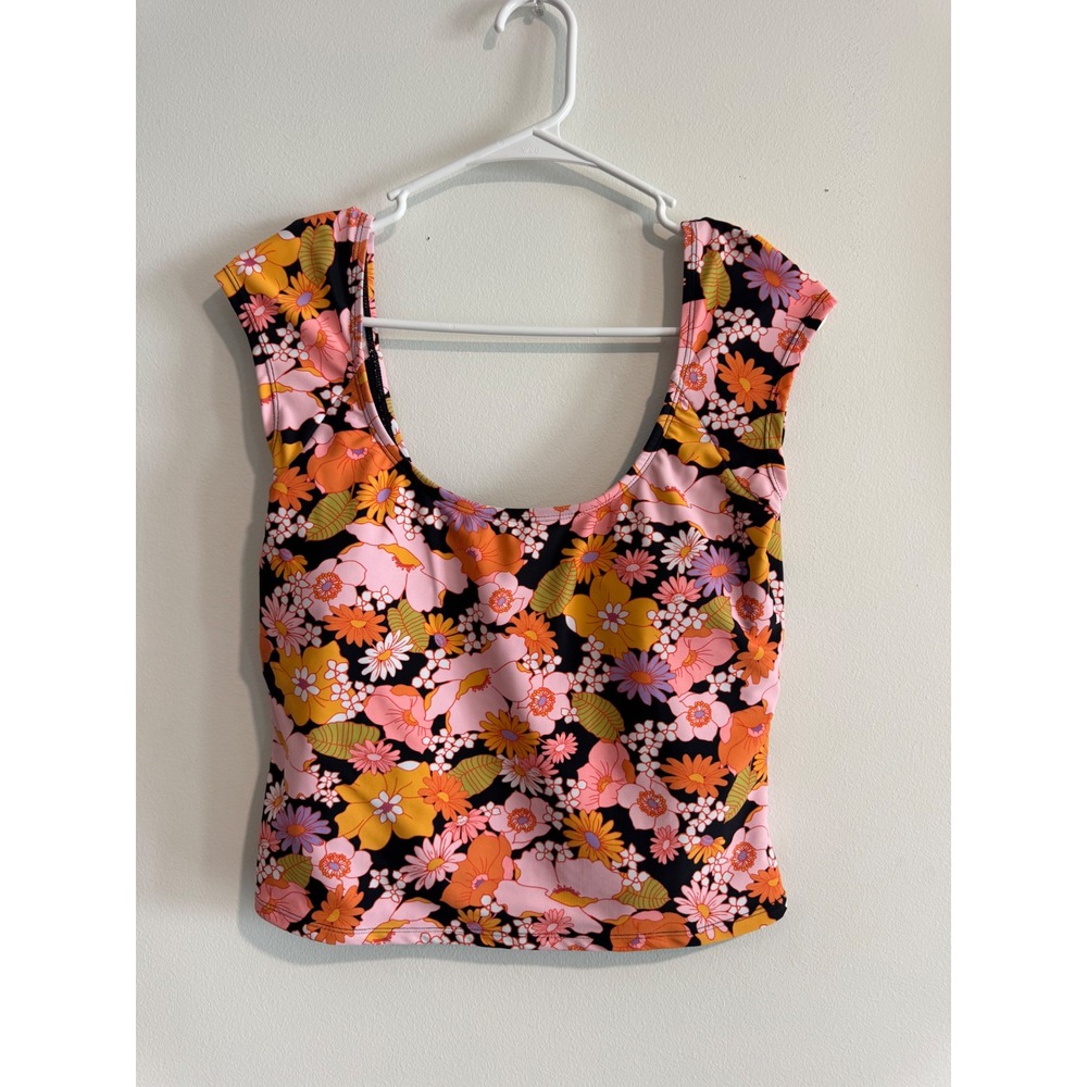 Retro Swim Top Ninety-Nine Floral Scoop Neck Womens L Pink Orange 70s Style
